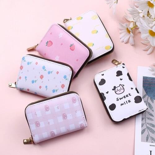 2021 Fashion Short Wallet Women Cute Print Cartoon Strawberry Bear Leather Purse Ladies Card Holder Girl Students Mini Coin Bags