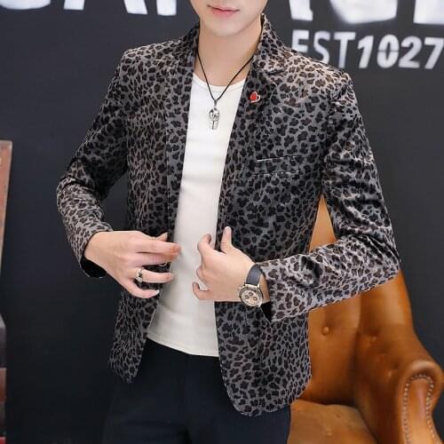 2021 Men Leopord Pattern Printed Small Suit Teenager Spring Cool Leisure Suit