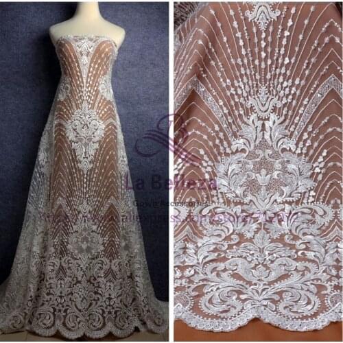 La Belleza New heavy handmde beaded bridal fabric 130cm width off white wedding dress lace fabric 1 yard