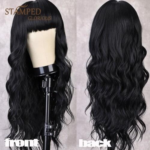 Stamped Glorious Synthetic Long Wig for Women Natural Wave Wig With Bangs Black Blonde Brown Red Cosplay Wig High Temperature