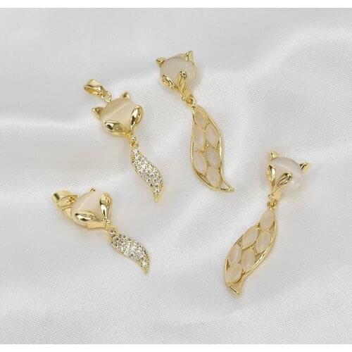 Copper Plated 18K Gold Zircon Opal Fox Pendant Charms 4pcs/lot For DIY Fashion Jewelry Making Finding Accessories