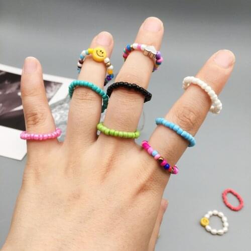 Simple Seed Beads Rings For Women Fashion Crystal Beaded Rings Cute Minimalist Coloful Beads Geometric Stacked Fine Rings