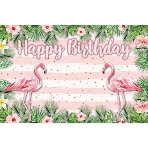 Pink Flamingo and Flowers Happy Birthday Backdrop Holiday Photography Background Celebration Photo Booth Studio Decor