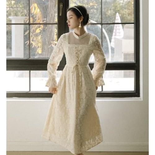 Fairy Dress Gentle Kawaii Dresses 2021 Spring Long-Sleeved Lace Stitching Round Neck Beaded Sweet Elegant Lace Dress Temperament