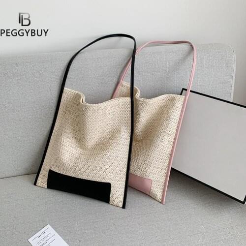 Retro Women Contrast Color Shoulder Bag Summer Beach Woven Large Tote Handbag Women Summer Shoulder Bag HandBags
