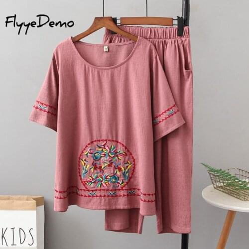 Loose Summer Pajamas Set Women Comfortable Cotton Linen Pajamas Embroidery Tops with Long Trousers Ladies Pj Set Plus Size 4XL