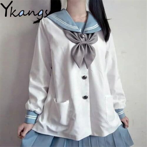 Japanese Preppy Style Jk Uniform Kawaii Sailor Collar White Tops Blue Mini Pleated Skirt Spring Autumn Sweet Cute Women Clothing