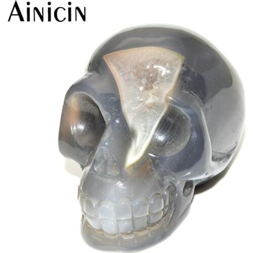 Unique Natural Druzy Geode Pendant 5x6x8cm Big Size Gray Color Drusy Agate Skull Head Desk Decoration Collection Jewelry 1pc