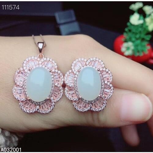 KJJEAXCMY fine jewelry natural White jade 925 sterling silver women pendant necklace chain ring set support test noble