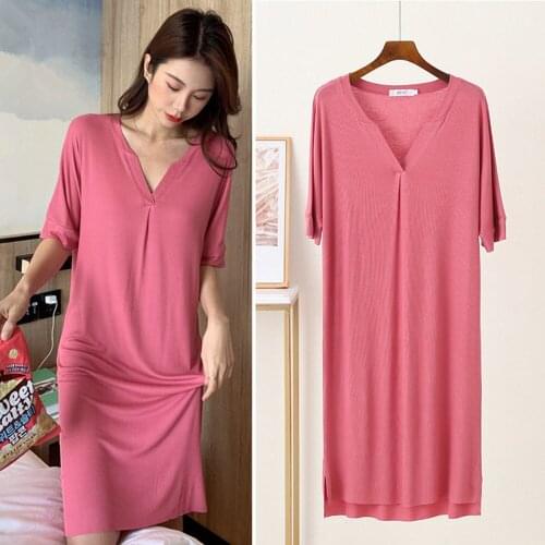 Fdfklak Womens Sleepwear Short-Sleeved 2021 Summer New Sexy Nightgowns Loose Home Service Modal Night Dress