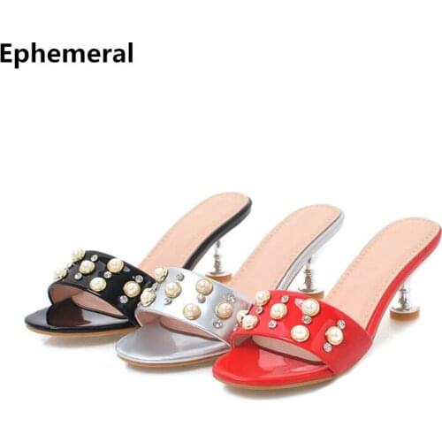 Ladies Crystal Patent Leather PU Slippers Cute Summer Peep Toe Shoes Outdoor 6cm Heel Slides Soft Sole Plus Size 43-3 Silver Red
