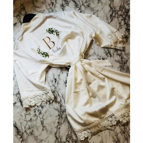 Geometric lace maid of honor dressing gown custom floral wreath wedding robe sister of bride satin kimono robe bride keepsake