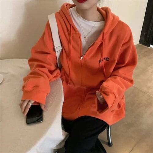 Orange Loose Sweatshirts Jacket Zipper Hoodie Women Girl Hooded Tracksuit Female Spring Black High Street Thin Gothic Basic Tops