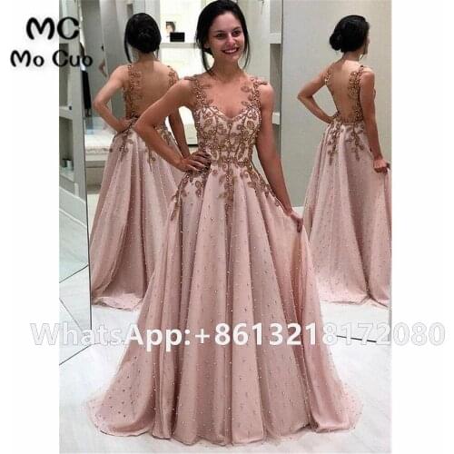 2021 Elegant Dusty Pink Evening Dresses Long Prom Gown Appliques Lace Pearls Backless Evening Party Dress for Women