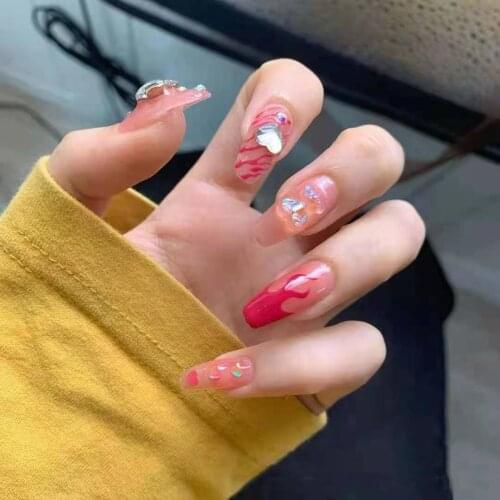 24pcs Red Falme Wear Long Paragraph Fashion Manicure Patch False Nails Save Time Wearable Nail Patch Nail Sticker