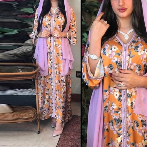 2021 New Arrival Maxi Dress Ramadan Orange Flower Kebaya Islam Womens Clothing Muslim Fashion Robe Long Dubai Kaftan Arab Flora