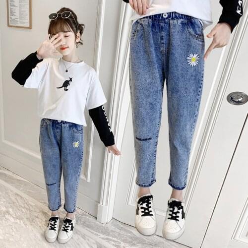 Kids Jeans for Girls Boys Jeans for Girls Casual Loose Flower Embroidered Thin Pants Children Jeans Girls Trousers