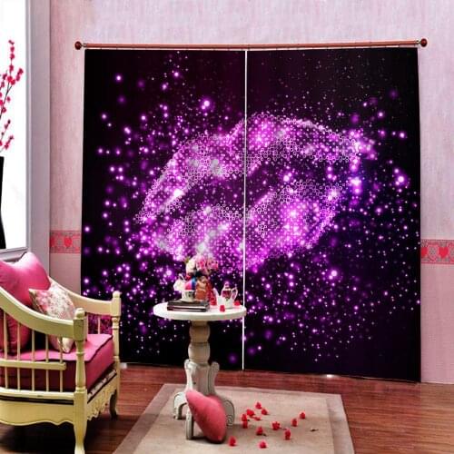 Purple 3D Blackout Curtains Sexy Woman Lips with Light Effects Polyester Fabric For Living room Bedroom Window Drapes Sets