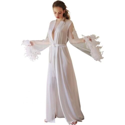 Women Sleepwear Robe Sexy Long Bride Silk Robe Cardigan Soft V Neck Mesh Feather Cuffs Embroidery Nightdress Bedroom Homewear