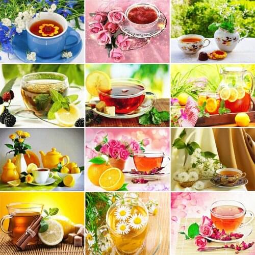 5D DIY Round Full Diamond Painting Scenery Diamond Embroidery Flower Tea Full Square Round Rhinestone Pictures Home Decoration