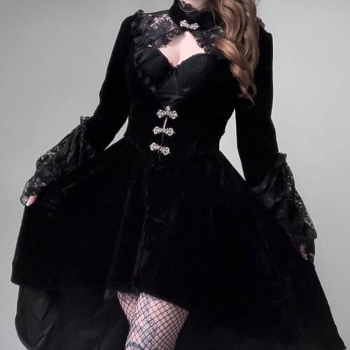 Spring/Autumn New Renaissance Gothic Dark Angel Lolita Girl Lace Dress French Courtly Style Retro Lantern Sleeve Sexy Maid Dress