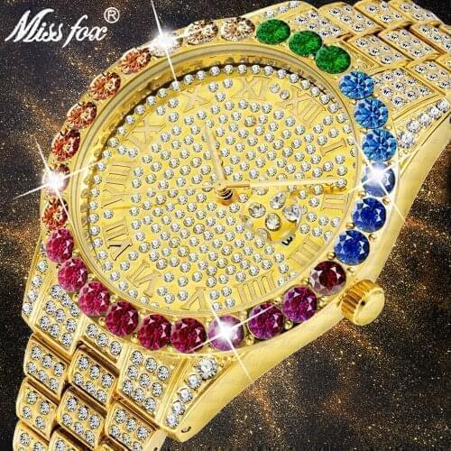 MISSFOX Rainbow Diamond Mens Watches Top Luxury Brand Rolexable 18K Gold Watch Men Stainless Steel Link Analog Quartz Wristwatch