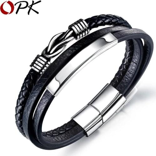 Opk Cross Border E-commerce Popular Leather Rope Bracelet Stainless Steel Woven Multi-layer Mens Titanium Stee