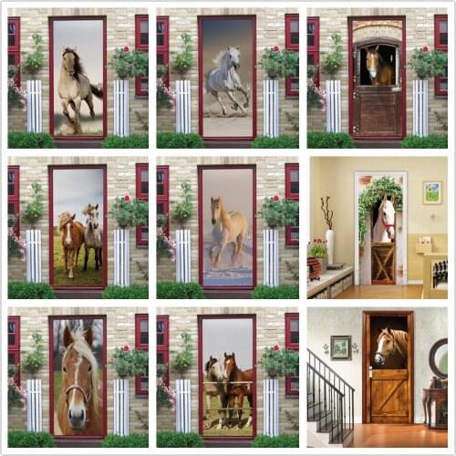 3D Horse Wallpaper On The Door For Living Room Bedroom Home Design Self Stick Vinyl Wall Sticker DIY Door Decoration Decal Mural