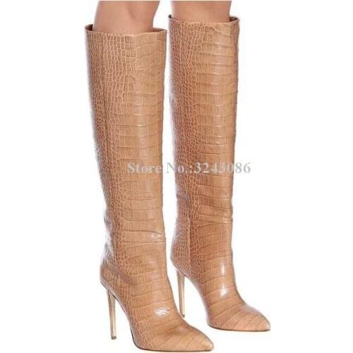 New Popular Crocodile Print Stiletto Heel Knee High Boots Woman Sexy Pointed Toe Snakeskin Leather Long Boots Lady Knight Boots