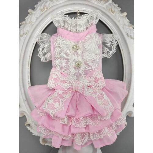 Handmade Dog Clothes Pet Apparel Pink Thin Cotton Dress Lace Collar Sleeves Summer Cool Breathable Cat Poodle Drop Shipping