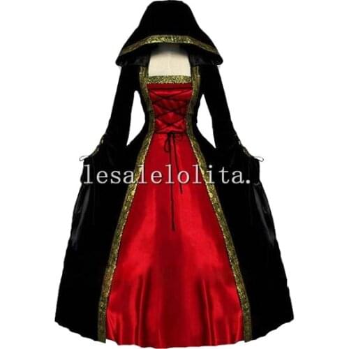 Freeshipping Gothic Black and Red Euro Court Period Dress with Hood