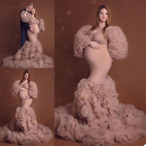 Sexy V Neck Maternity Photography Tiered Ruffles Long Sleeve Sleepwear For Pregnant Women Fancy Pregnancy Dress Elegence Gown