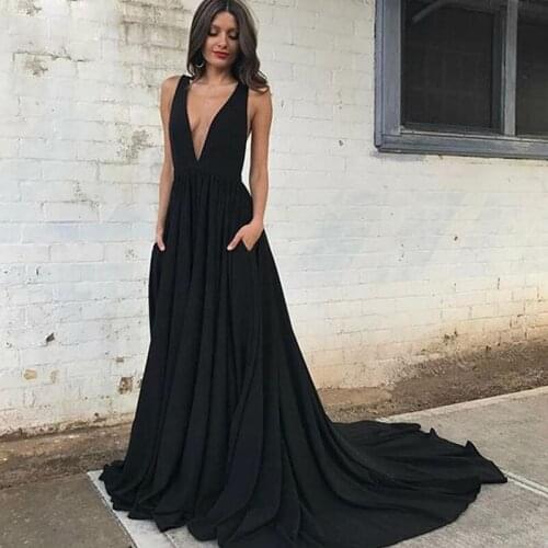 Beautiful backless simple black A line floor length sleeveless chiffon deep V neck formal prom dresses gowns with sweep train