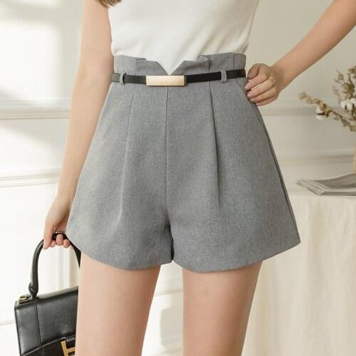 Solid Color Belted Shorts Women Sashes High Waist Wide Leg Slim Suit Shorts Pants Women OL Office Work Ladies Elegant Bottoms