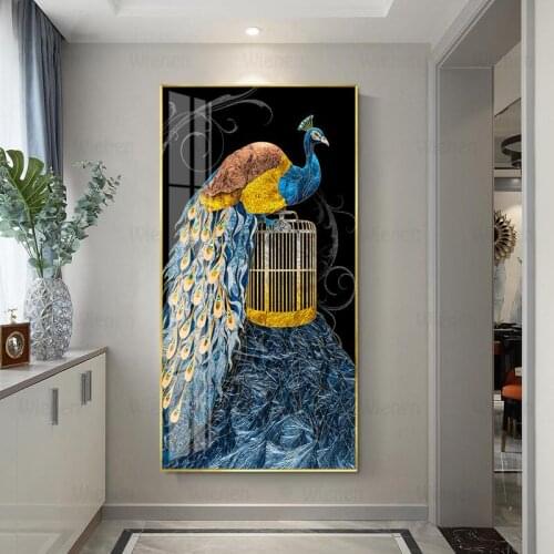 Blue Gold Peacock Canvas Painting Scandinavian Animal Poster Modern Decorative Pictures Wall Art for Porch Aisle Home Room