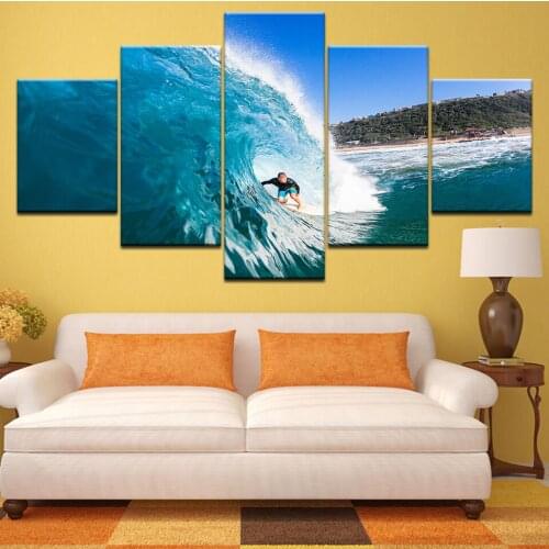 Sports Surf Canvas Paintings Modular Picture Wall Art Frame Home Decor 5 Panel Blue Glass Waves Seascape Photo Modern HD Printed