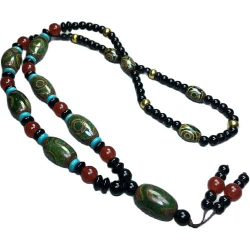 Tibetan Old Agate Green Three Eyes Old Dzi Bead Pendant Necklace