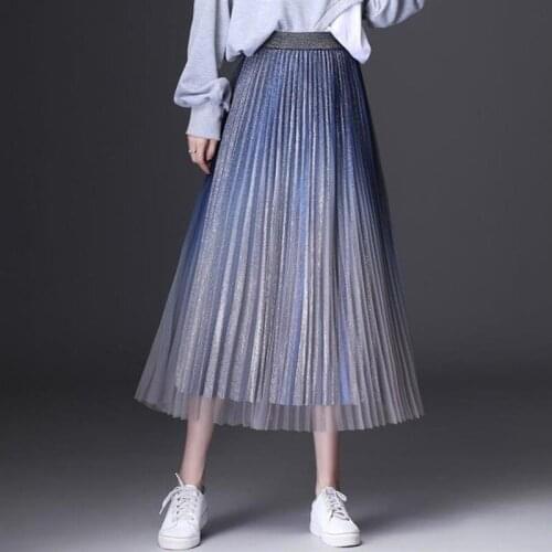 Gradient Shine Pleated Skirts Womens Fall Winter Elegant Fashion Ladies High Waist A Line Skirt Vintage Long Tulle Skirts Female