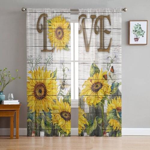 Love Sunflower Butterfly Bee Wooden Board Voile Tulle Sheer Curtains for Bedroom Living Room Kitchen Decor Window Curtain