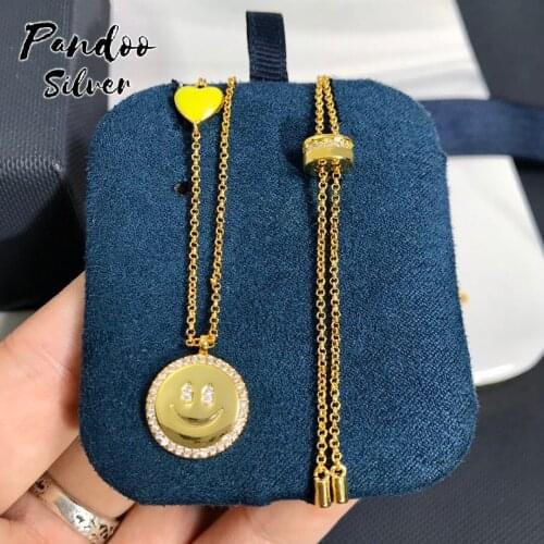 Yellow Silver Neon Yellow Heart & Happy Face Adjustable Necklace For Women ,High Quality S925 Sterling Silver Jewelry 1:1 Copy