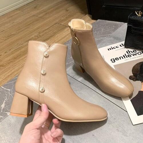 Womens Ankle Boots Round Toe Pearl Zip Solid Square Heels Female Boots Elegant Concise Spring&Autumn Ladies Casual Shoes 2021