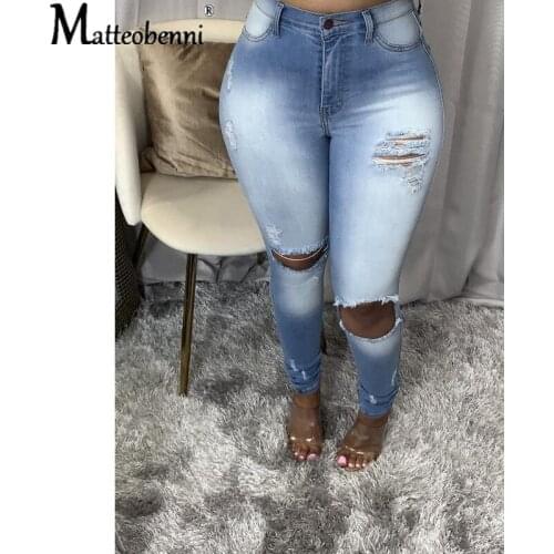Plus Size High Waist Jeans Women Skinny Ripped Large Size Jeans Pencil Pants Women Fashion Jeans Slim Tight Hole Mom Trousers
