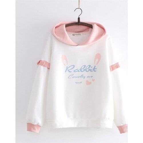 Merry Pretty Womens Cartoon Print With Ears On Hood Plus Velvet Hooded Pullover 2021 Winter Warm Thick Cute Hoodies Sweatshirts