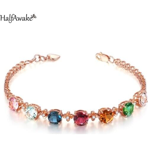 Korean Charms Tourmaline Tennis Bracelet for Women 18K Rose Gold Zircon Chain Bangles 2021 Trend Jewelry Valentine Gift