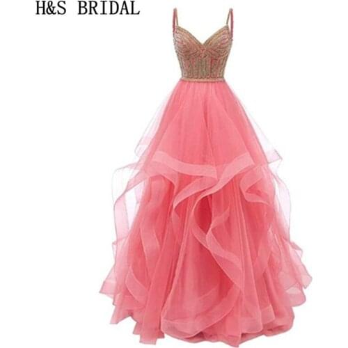 H&S BRIDAL Pink Prom Dresses With Spaghetti Strap 9 colors Evening Party Dress Beaded Ruffles Prom Dress 2020 robe de soiree