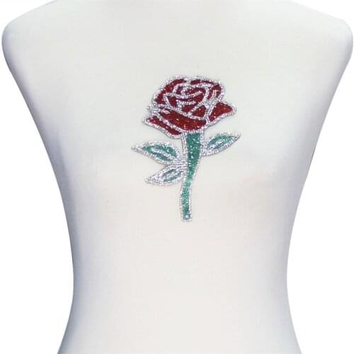 1piece Red Rose Flower Iron on Patches Embroidery Crystal Applique Motif Rhinestones Applique DIY Clothes Sticker T2324