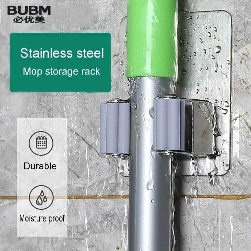 BUBM Stainless Steel Mop Broom Holder Organizer, Wall Mounted Kitchen Tool Storage Hanger for Kitchen Bathroom and Garden