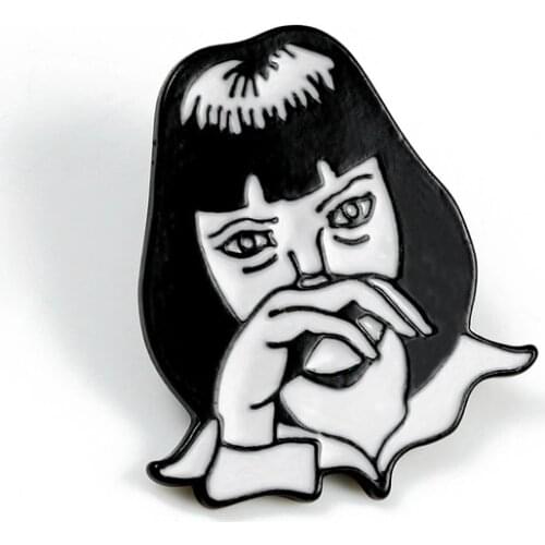 Punk Girl Badges Mia Wallace Cartoon Enamel Pin Black White Classic Movie Characters Brooch Clothes Lapel Pins for Women Jewelry