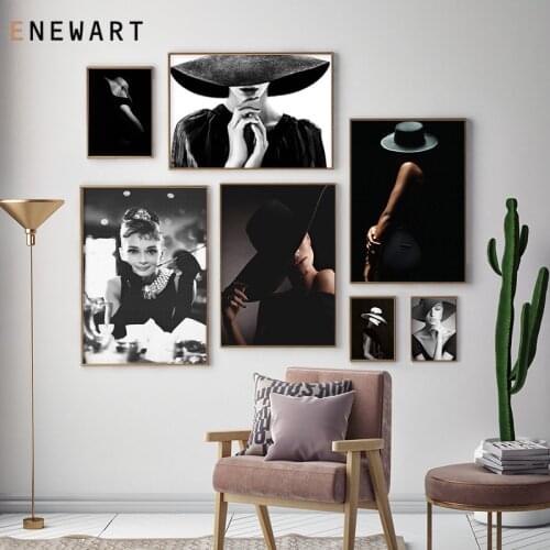 Black and White Fashion Hat Woman Canvas Painting Minimalist Elegant Girls Print Posters for Bedroom Wall Pictures Home Decor