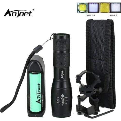 ANJOET A100 Zoom Flashlight LED XM-L2 XML T6 hunting Torch Light + 18650 Battery + Charger + Leather Case + Gun Mount